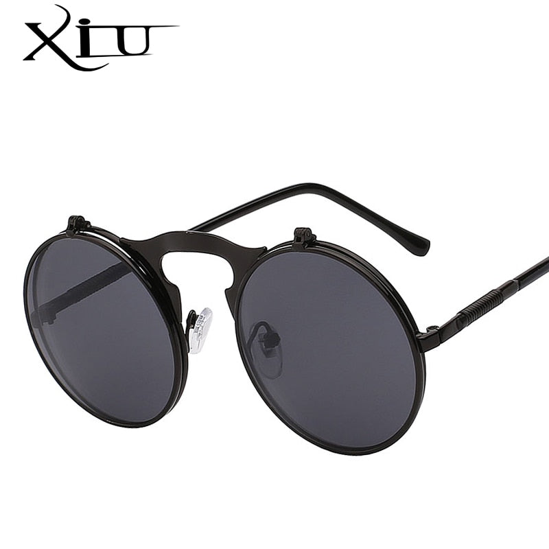 XIU Flip Up Steampunk Sunglasses Men Round Vintage Mens Sunglass Brand Designer Fashion Glasses UV400