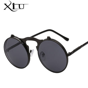 XIU Flip Up Steampunk Sunglasses Men Round Vintage Mens Sunglass Brand Designer Fashion Glasses UV400