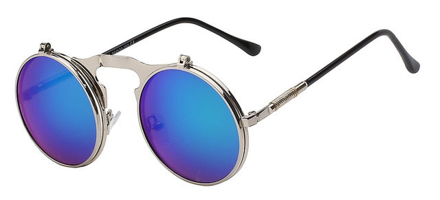 XIU Flip Up Steampunk Sunglasses Men Round Vintage Mens Sunglass Brand Designer Fashion Glasses UV400