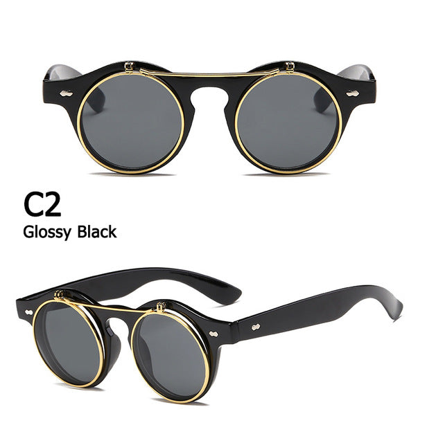 JackJad 2018 Fashion Vintage Round SteamPunk Flip Up Sunglasses Classic Double Layer Clamshell Design Sun Glasses Oculos De Sol