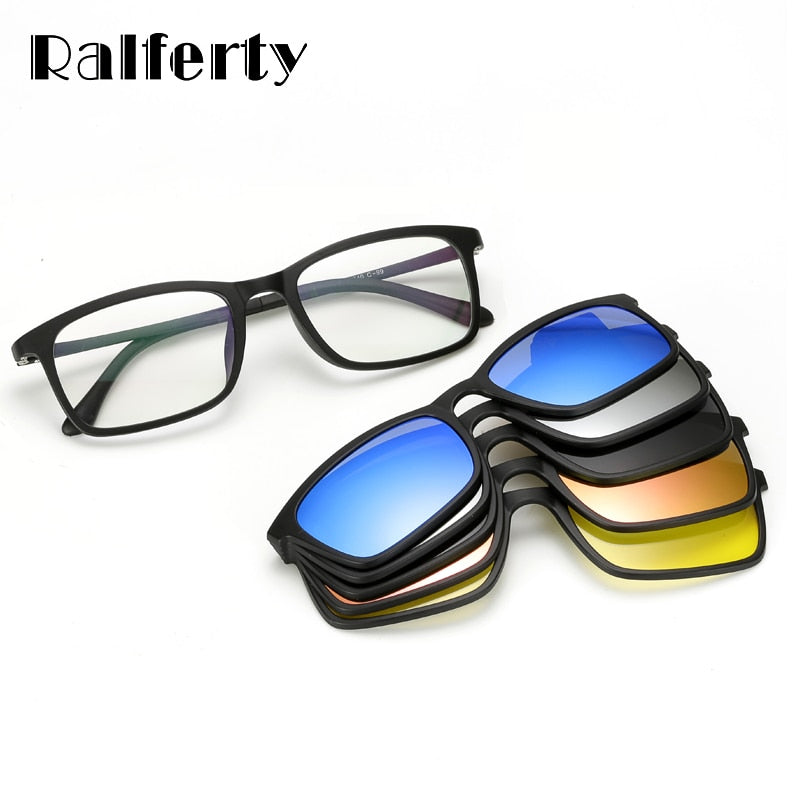 Ralferty Polarized Sunglasses Men Women 5 In 1 Magnetic Clip On Glasses TR90 Optical Prescription Eyewear Frames Eyeglass 8803